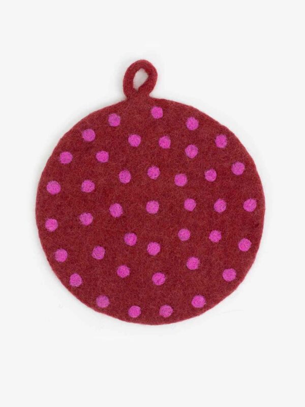 Grydelap i uld - Felt dot rød/pink