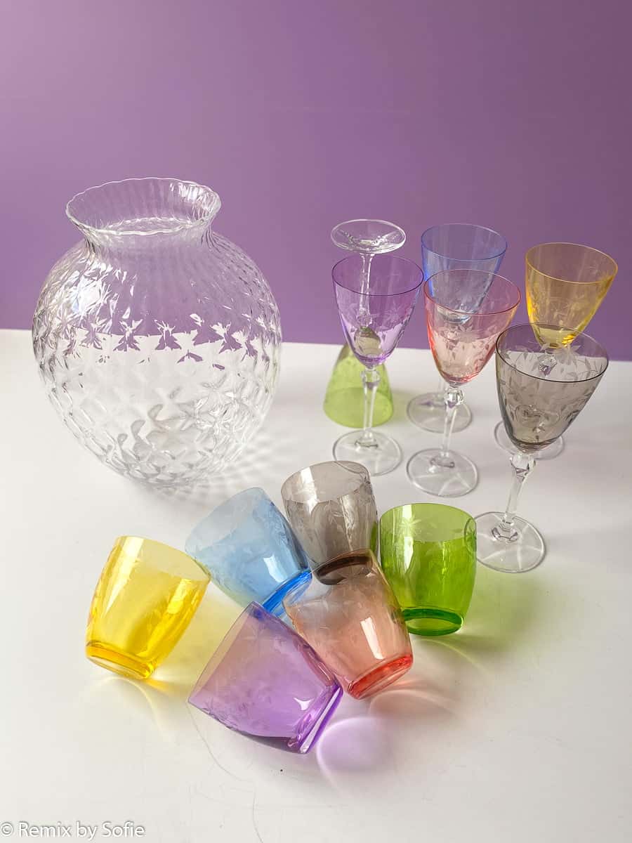 floral tumbler glas, bøhmiske glas, flral vandglas, farvede glas