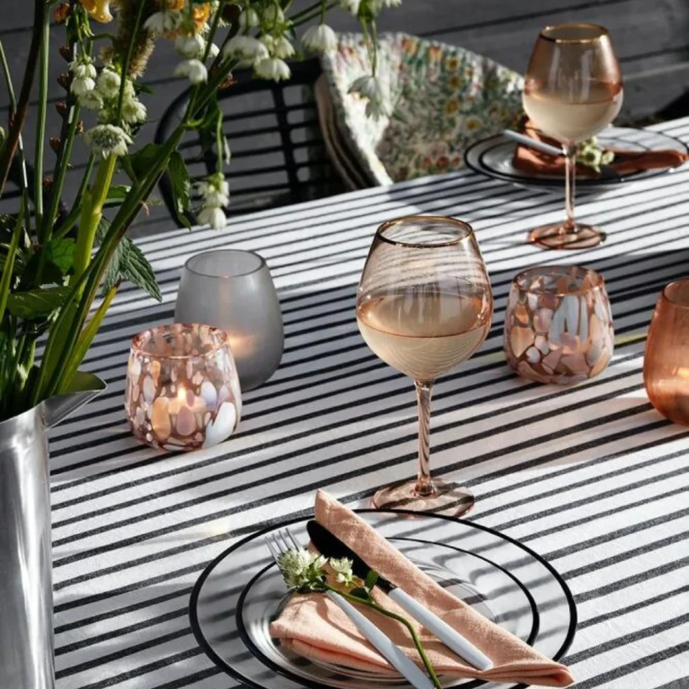 grenå wine glass, nordal, willow glass in peach with gold, remix by sofie, table setting