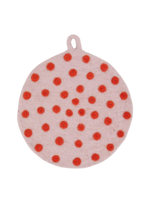 Grydelap i uld - Felt dot lyserød/rød