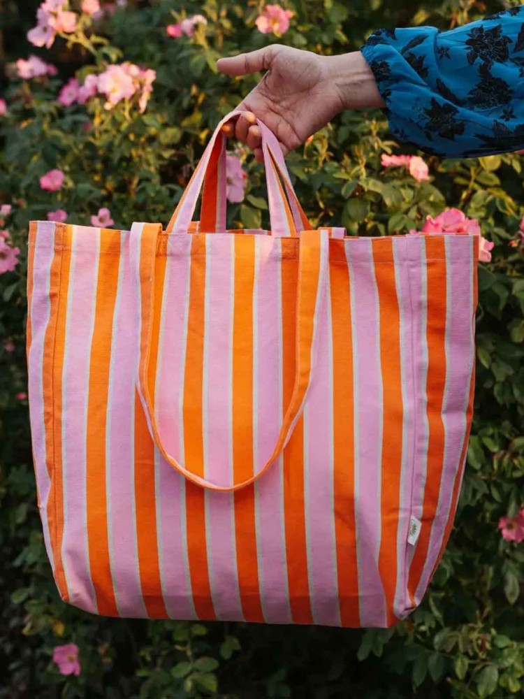 Canvas "Totebag" (40 x 37 cm) - Stribet i orange og lyserød - Billede 2