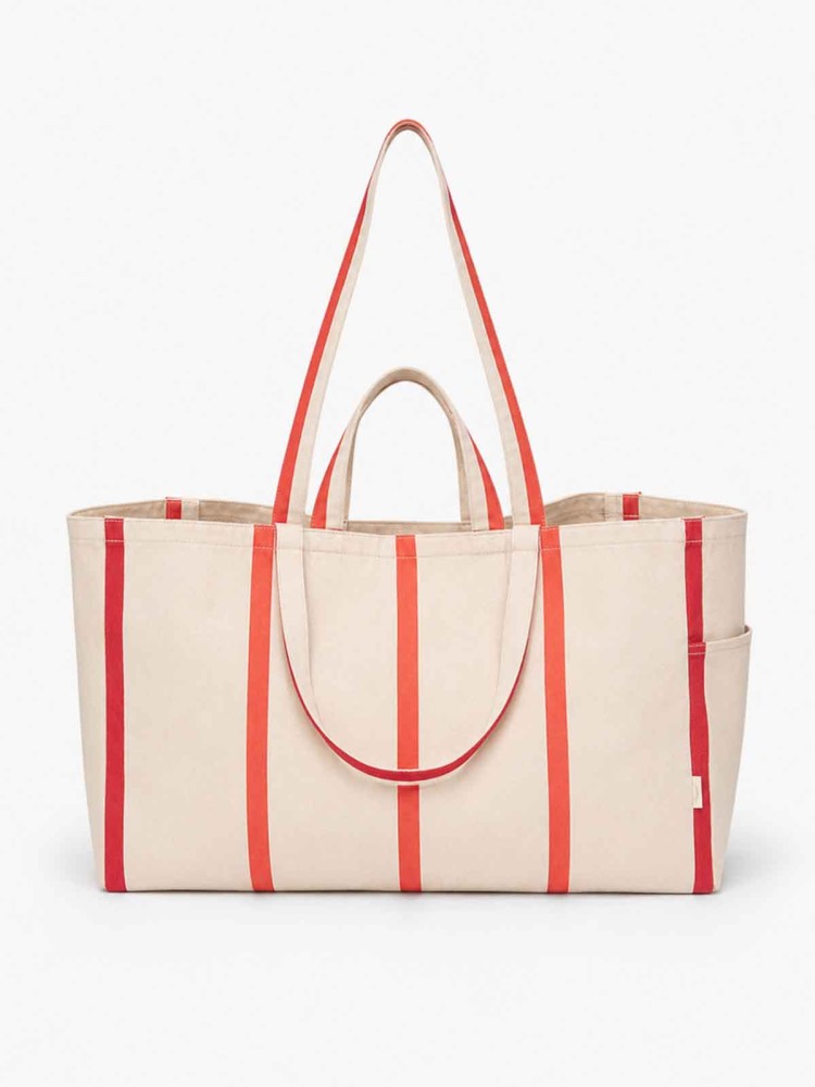 Stor canvas taske (62 x 34 cm) - Creme med røde striber - Billede 2