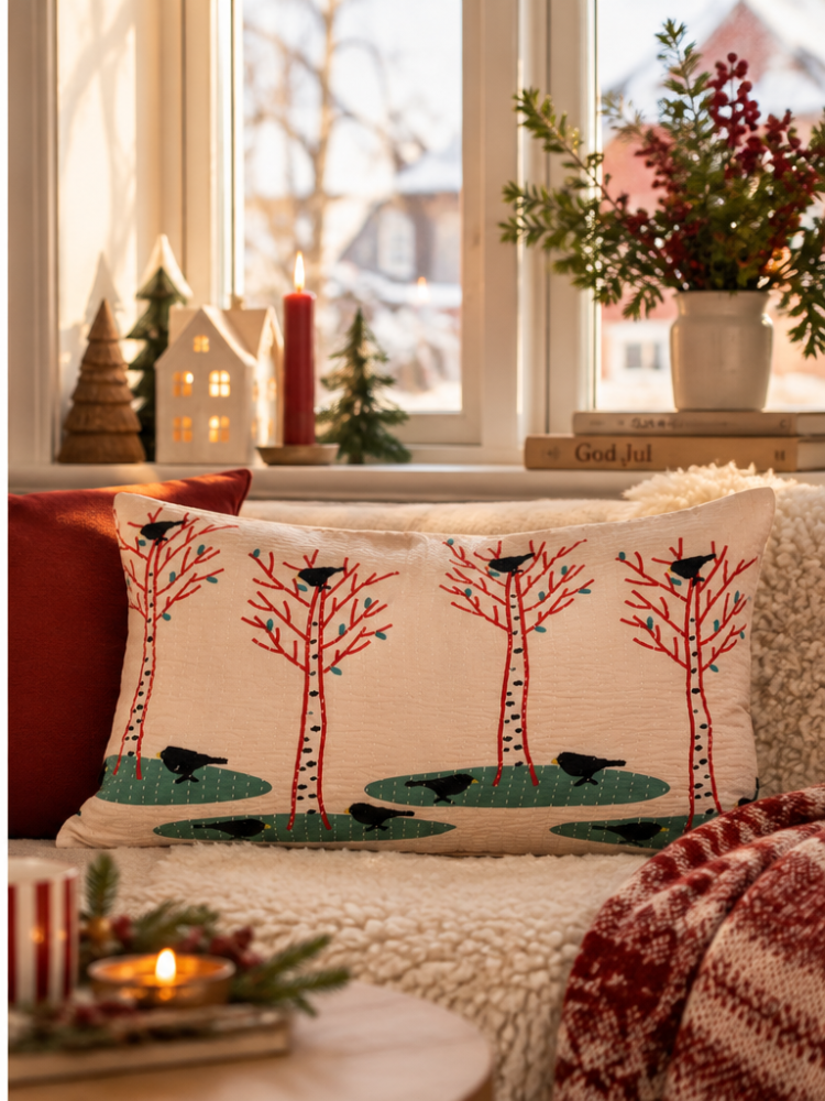 Pudebetræk 30x50 cm - Kantha "Four birch trees" - Billede 2