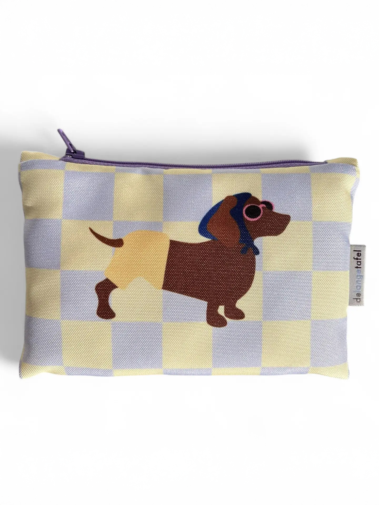 Pung til småting (12 x 17) - Ternet gul og lilla med gravhund