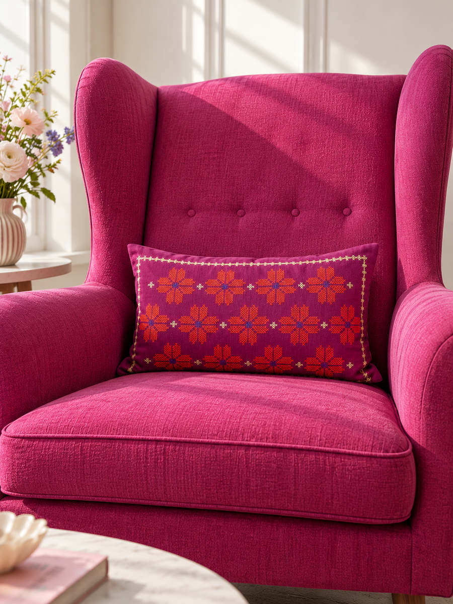 Rosa pudebetræk med rødt og orange kantha-broderi ligger på en mørk pink lænestol i et lyst stuehjørne.